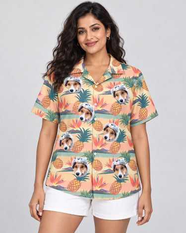 Tropical Bloom Hawaiian shirt with printed faces, worn by a woman