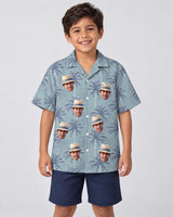 Tropical Breeze Hawaiian shirt with printed faces, worn by a child
