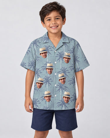 Tropical Breeze Hawaiian shirt with printed faces, worn by a child
