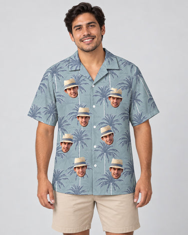 Tropical Breeze Hawaiian shirt with printed faces, worn by a man