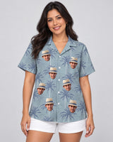 Tropical Breeze Hawaiian shirt with printed faces, worn by a woman