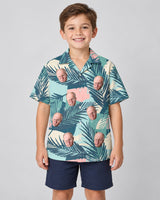 Tropical Color Pop Hawaiian shirt with printed faces, worn by a child