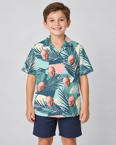 Tropical Color Pop Hawaiian shirt with printed faces, worn by a child