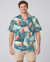 Tropical Color Pop Hawaiian shirt with printed faces, worn by a man
