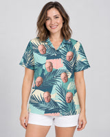 Tropical Color Pop Hawaiian shirt with printed faces, worn by a woman