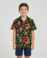 Tropical Dinosaur Christmas Hawaiian Shirt with printed faces, worn by a child