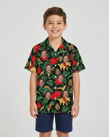 Tropical Dinosaur Christmas Hawaiian Shirt with printed faces, worn by a child
