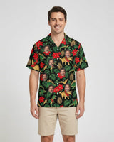 Tropical Dinosaur Christmas Hawaiian Shirt with printed faces, worn by a man