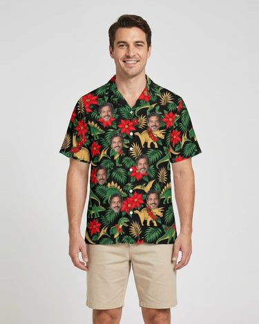Tropical Dinosaur Christmas Hawaiian Shirt with printed faces, worn by a man