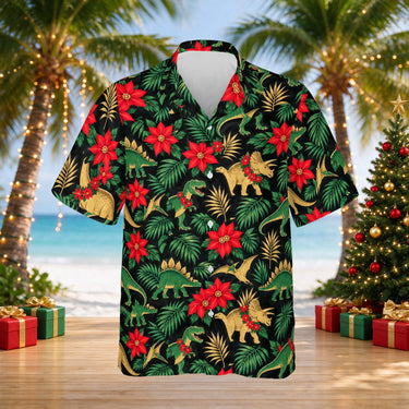 Tropical Dinosaur Christmas Hawaiian Shirt print before personalizing, front view
