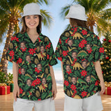 Woman wearing the Tropical Dinosaur Christmas Hawaiian Shirt with custom faces, front and back view