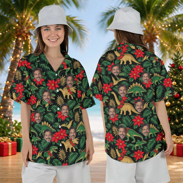 Woman wearing the Tropical Dinosaur Christmas Hawaiian Shirt with custom faces, front and back view