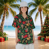 Woman wearing the Tropical Dinosaur Christmas Hawaiian Shirt with custom faces
