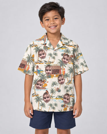 Tropical Escape Hawaiian shirt with printed faces, worn by a child