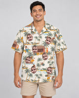 Tropical Escape Hawaiian shirt with printed faces, worn by a man