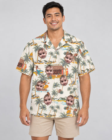 Tropical Escape Hawaiian shirt with printed faces, worn by a man