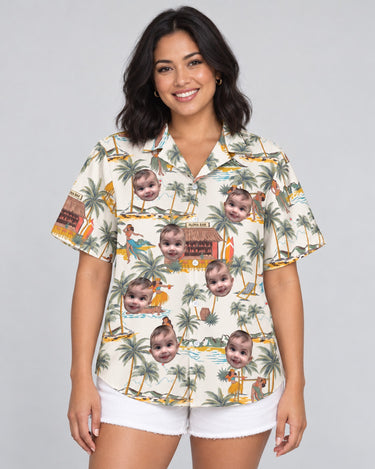 Tropical Escape Hawaiian shirt with printed faces, worn by a woman