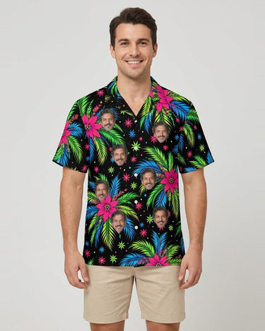Tropical Fireworks Christmas Hawaiian Shirt with printed faces, worn by a man