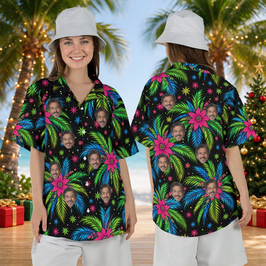 Tropical Fireworks personalized Christmas Hawaiian shirt with faces worn by a woman, front and back