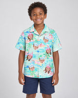 Tropical Flamingo Paradise Hawaiian shirt with printed faces, worn by a child