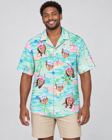 Tropical Flamingo Paradise Hawaiian shirt with printed faces, worn by a man