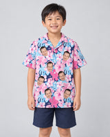 Tropical Floral Escape Hawaiian shirt with printed faces, worn by a child
