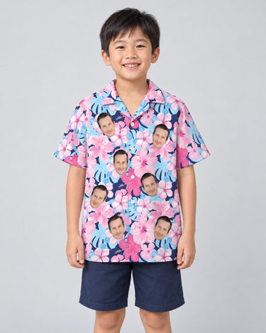 Tropical Floral Escape Hawaiian shirt with printed faces, worn by a child