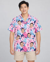 Tropical Floral Escape Hawaiian shirt with printed faces, worn by a man