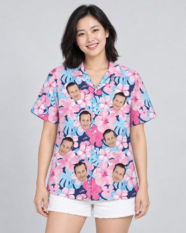 Tropical Floral Escape Hawaiian shirt with printed faces, worn by a woman