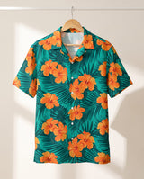 Tropical Flowers and Palm Leaves Hawaiian shirt print before personalizing