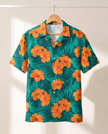 Tropical Flowers and Palm Leaves Hawaiian shirt print before personalizing