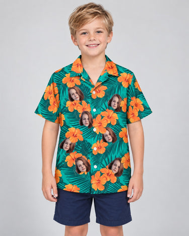 Tropical Flowers and Palm Leaves Hawaiian shirt with printed faces, worn by a child