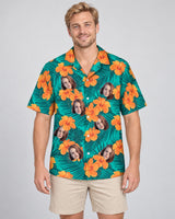 Tropical Flowers and Palm Leaves Hawaiian shirt with printed faces, worn by a man