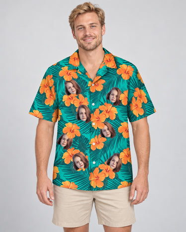 Tropical Flowers and Palm Leaves Hawaiian shirt with printed faces, worn by a man