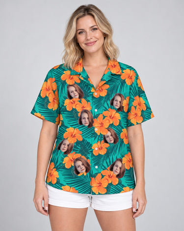 Tropical Flowers and Palm Leaves Hawaiian shirt with printed faces, worn by a woman