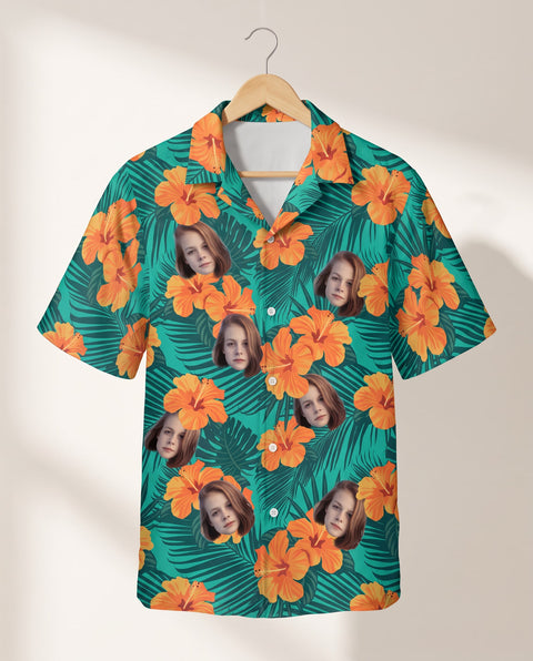 Tropical Flowers and Palm Leaves personalized Hawaiian shirt printed with customer faces