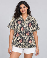 Tropical Garden Elegance Hawaiian shirt with printed faces, worn by a woman