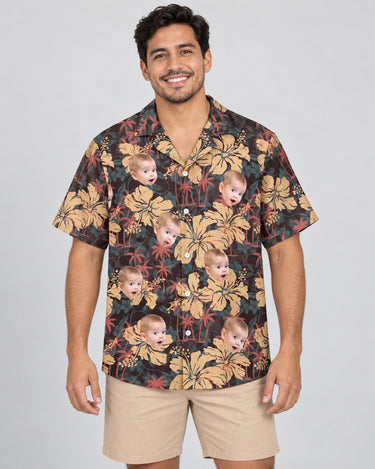 Tropical Grunge Bloom Hawaiian shirt with printed faces, worn by a man