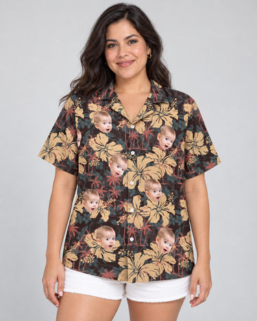 Tropical Grunge Bloom Hawaiian shirt with printed faces, worn by a woman