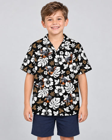 Tropical Hibiscus Flower Hawaiian shirt with printed faces, worn by a child