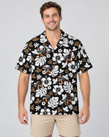 Tropical Hibiscus Flower Hawaiian shirt with printed faces, worn by a man