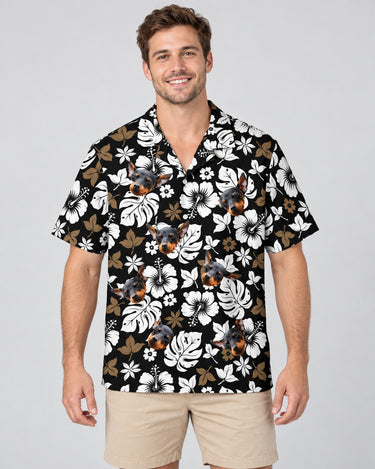 Tropical Hibiscus Flower Hawaiian shirt with printed faces, worn by a man