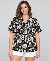 Tropical Hibiscus Flower Hawaiian shirt with printed faces, worn by a woman
