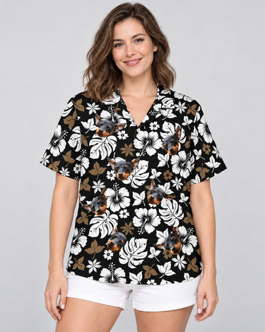 Tropical Hibiscus Flower Hawaiian shirt with printed faces, worn by a woman