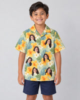 Tropical Hibiscus Vibes Hawaiian shirt with printed faces, worn by a child