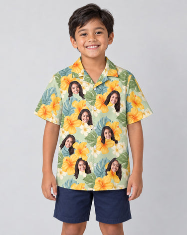 Tropical Hibiscus Vibes Hawaiian shirt with printed faces, worn by a child