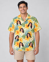 Tropical Hibiscus Vibes Hawaiian shirt with printed faces, worn by a man
