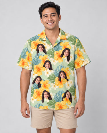 Tropical Hibiscus Vibes Hawaiian shirt with printed faces, worn by a man
