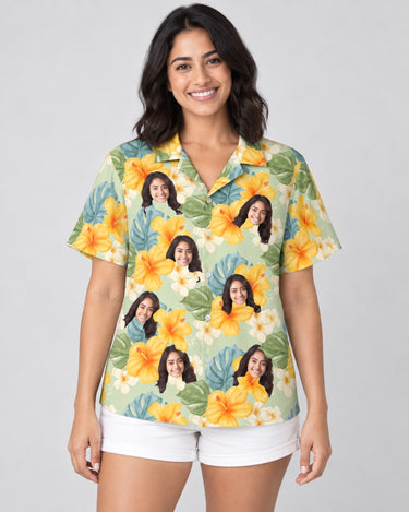 Tropical Hibiscus Vibes Hawaiian shirt with printed faces, worn by a woman