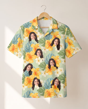 Tropical Hibiscus Vibes personalized Hawaiian shirt printed with customer faces
